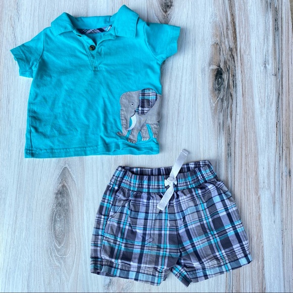 Carter's 2-Piece Short Set - Plaid Elephant 6M - Picture 1 of 5